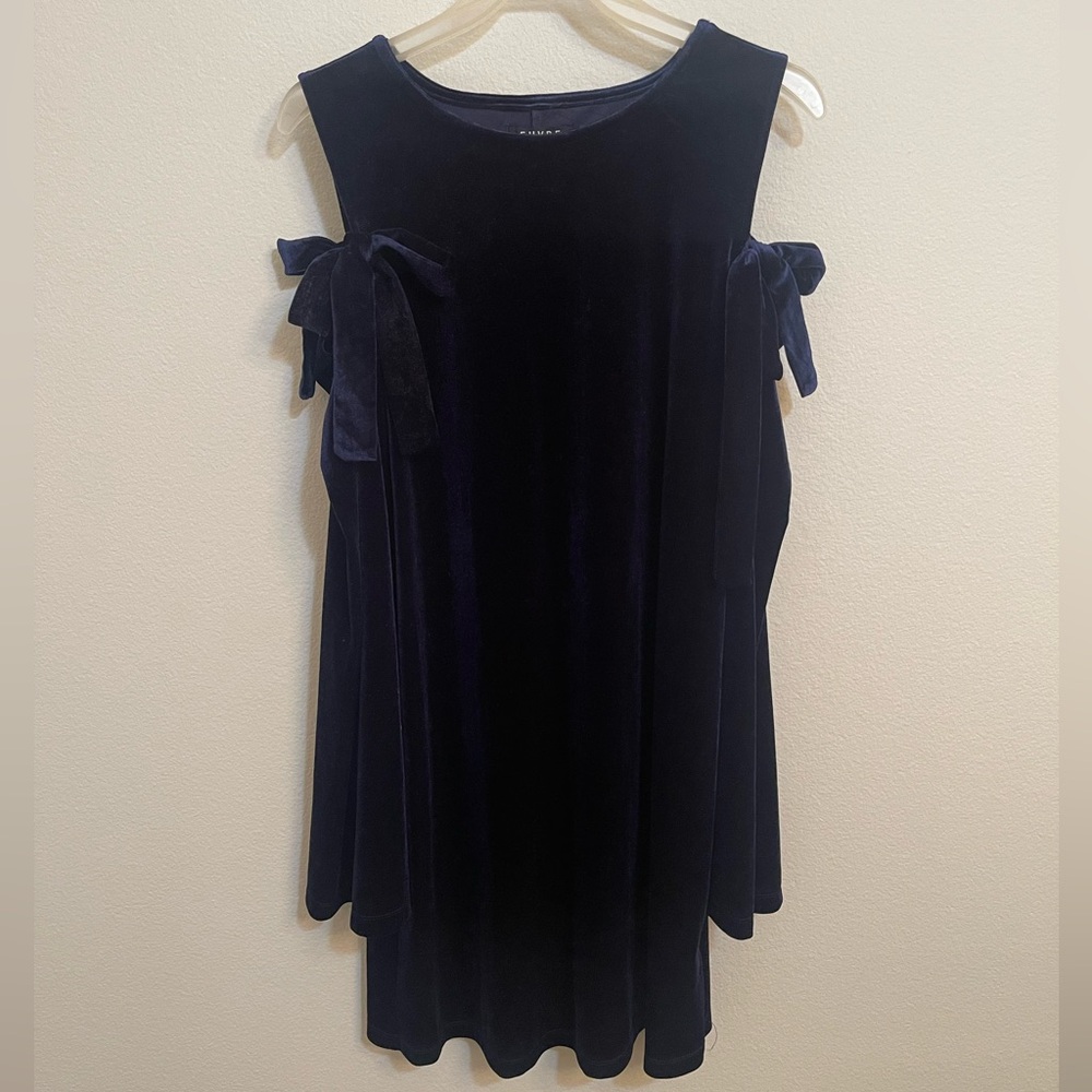 Bell Sleeve Blue Velvet Dress with Bows